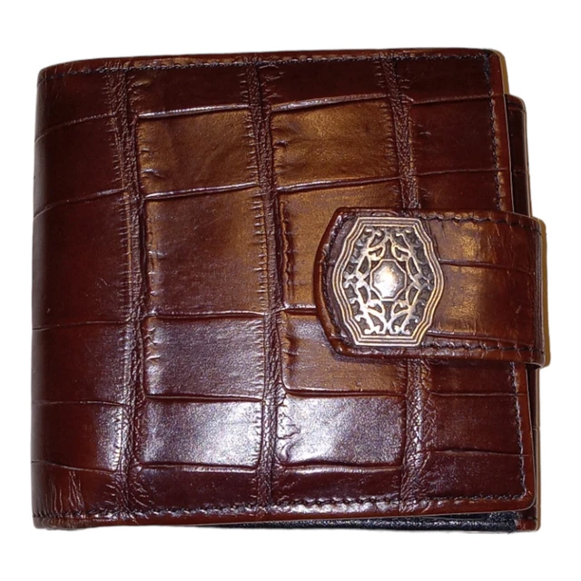 Brighton Brown Black Leather Croc Embossed Bifold Wallet 4x4” Silver Metal Logo