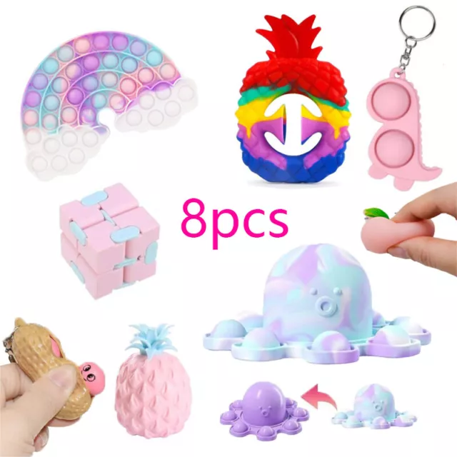 8PCS Fidget Toys Stress Relief Squishy Ball Toy Popper Keychain Bubble Toys Set