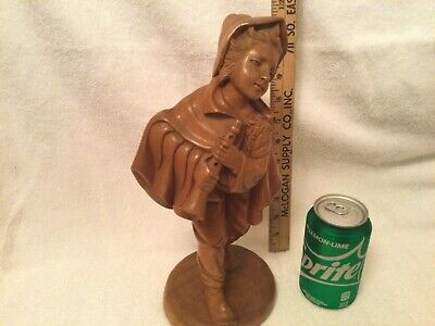 VTG 12” Hand Carved Wood Figure Man Playing Holding Flute Clarinet Wearing Cape