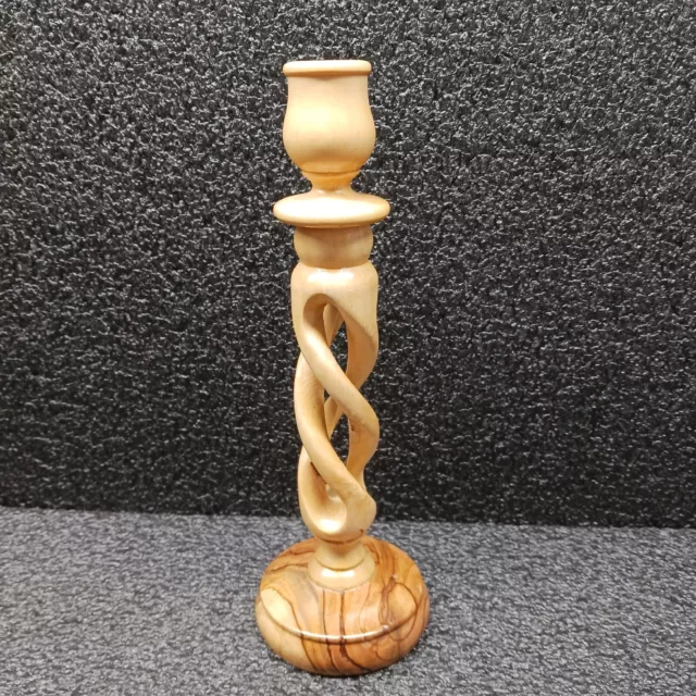 Hand Carved Spiral Olive Wood Candle Holder Candlestick