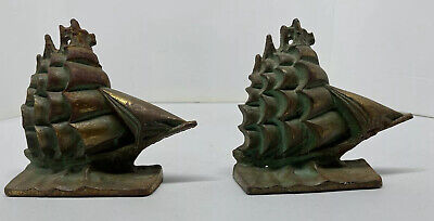 Vintage Pair  Cast Iron Bronzed Clipper/Ship Bookends Nautical 6” Patina Felted