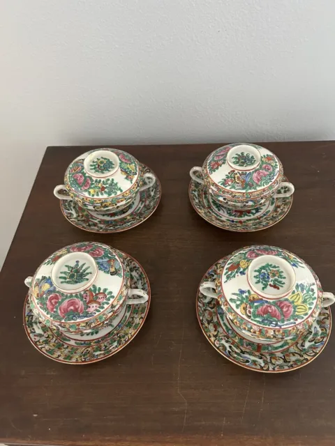 Antique Rose Medallion Canton Porcelain Cups, Saucers, Lids, Set Of 4