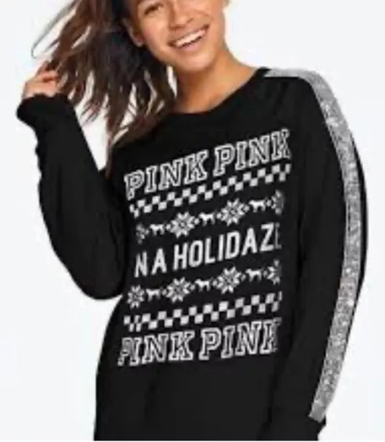 Victoria Secret PINK T-Shirt Top Small Bling Sequin Christmas Holidaze Black