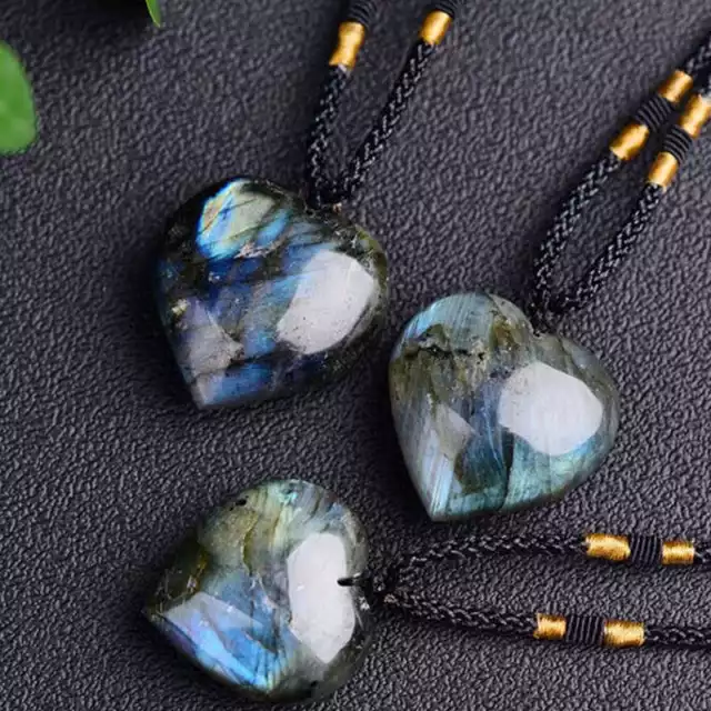 Natural Labradorite Love Heart Pendant Quartz Crystal Rock Necklace Healing Gift