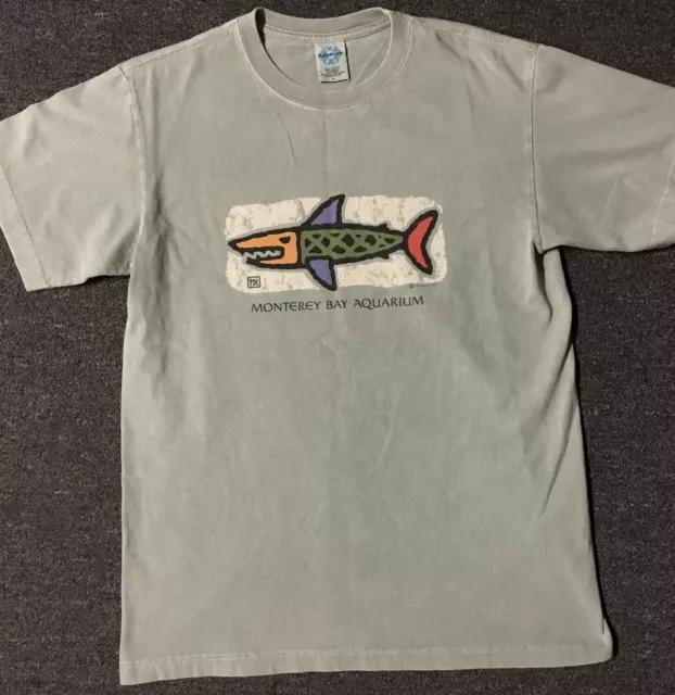 Vtg 90s Monterey Bay Aquarium Shark Shirt S Fish Nautical Art California USA Sea