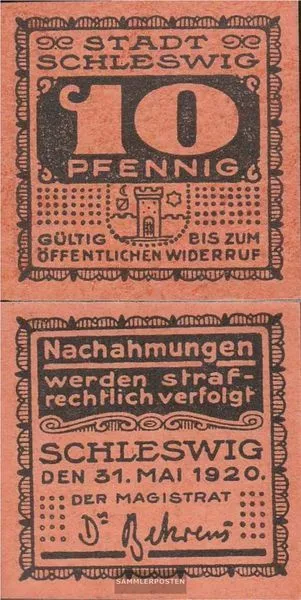 Schleswig Notgeld: 10 Pf Notgeld der Stadt Schleswig bankfrisch 1920 10 Pfennig