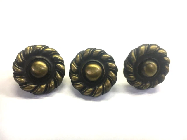 Vintage antique Brass tone round drawer pulls braided edge lot of 3 K13482