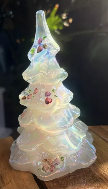 Vintage Fenton Signed Art Glass Christmas Tree, Iridescent Light Moon Colour