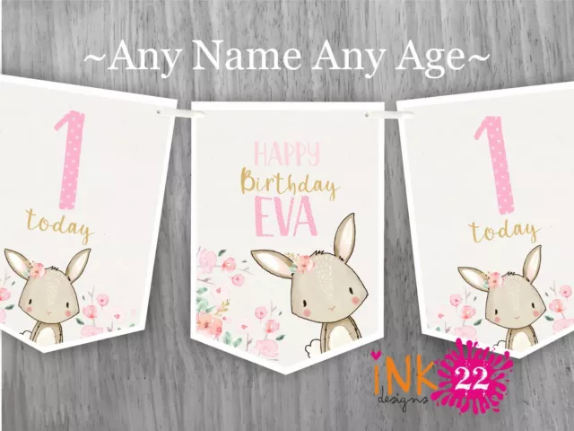 Personalised Bunny Rabbit 1st Birthday Party Banner Bunting flags Pink 2nd 3rd