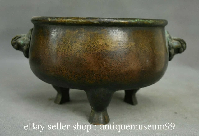 8.4" Marked Antique Chinese Bronze Dynasty Beast Head Ears Incense Burner Censer