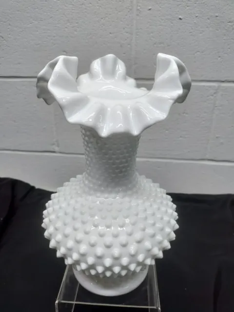 Fenton White Milk Glass Hobnail Vase Ruffled Crimped Edge Large Vtg 10” Cottage