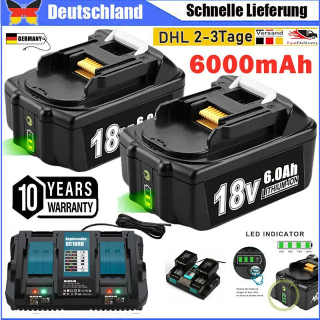 2x 18V 6000mAh Akku Für Makita BL1830 BL1830B-2 BL1820 BL1860 +Doppelladegerät