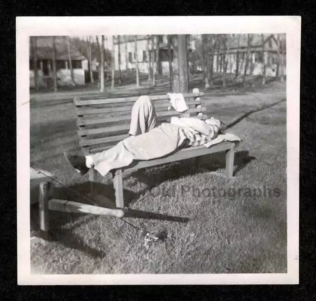 Woman Sleeping/Resting Bench Fishing Pole Old/Vintage Photo Snapshot- A804