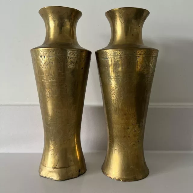 Vintage Pair of Engraved Brass Vases Tall Etched Copper Brass Vase Sphinx