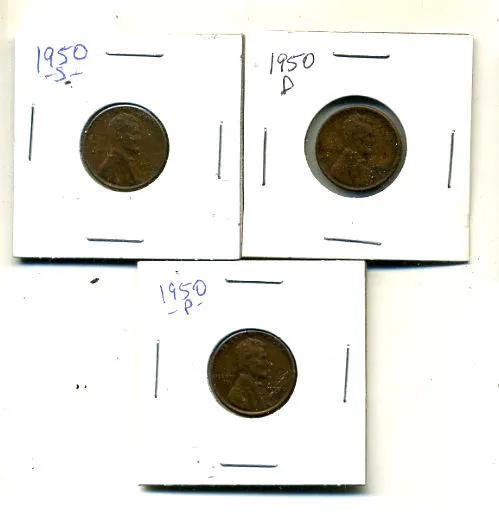 1950 P,D,S Wheat Pennies Lincoln Cents Circulated 2X2 Flips 3 Coin Pds Set#4221