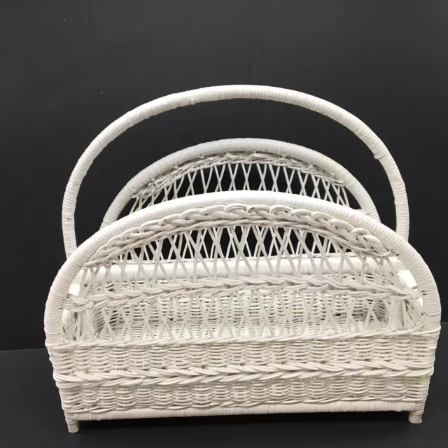 Vintage White Wicker Handled Magazine Rack Basket Beach Boho Cottage Core