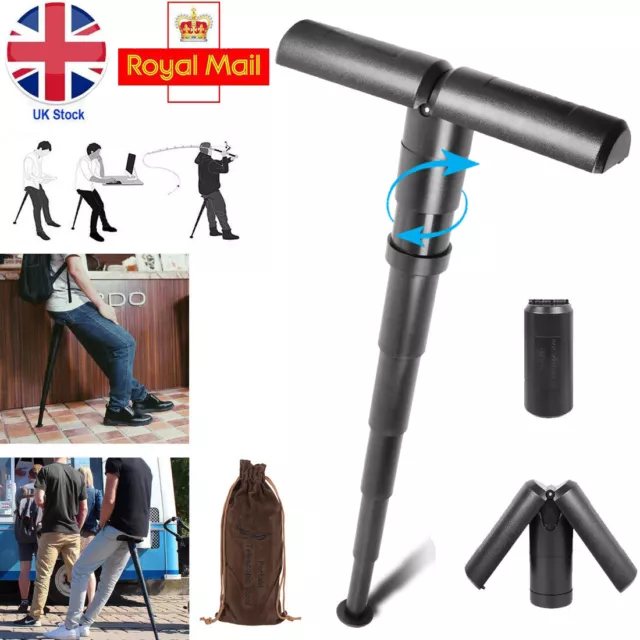 Portable Folding Walking Stick Chair Seat Telescopic Stool Cane Hiking Backpack