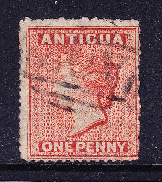 ANTIGUA QV SG7 1d vermilion rough perf 14-16 wmk small star f/u off-centre cv£30