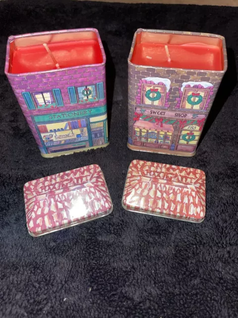 Vtg Christmas Collector Tin & Candle Unused House Stationery Shop, Sweet Shop X2