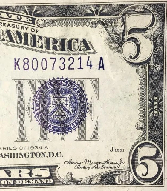 1934A $5 Blue SILVER Certificate Choice XF! Crispy! X3214 Old US Paper Currency!