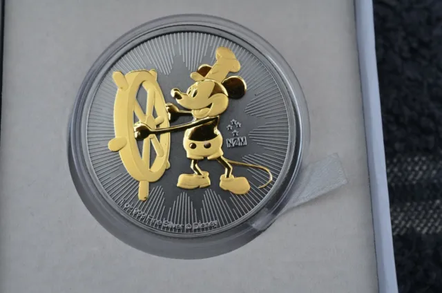 2017 1 Oz Silver Nieu 2$ STEAMBOAT WILLIE MICKEY MOUSE Ruthenium & gilded coin