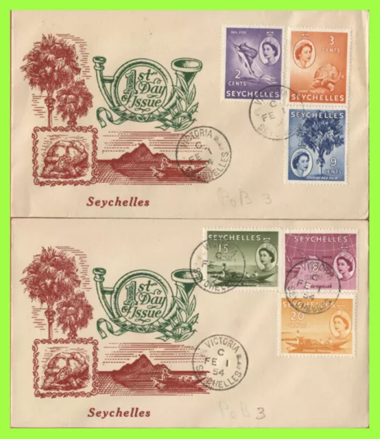 Seychelles 1954 QEII definitives to 20c on two illustrated First Day Covers
