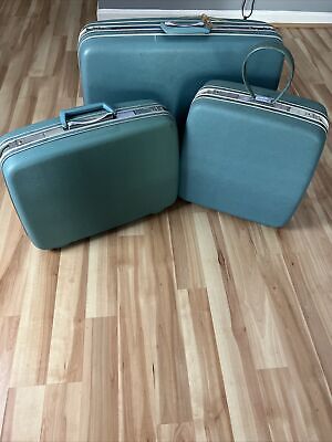 Vtg 1960's Blue Samsonite Silhouette 3 PC Luggage Suitcase Set Locking!
