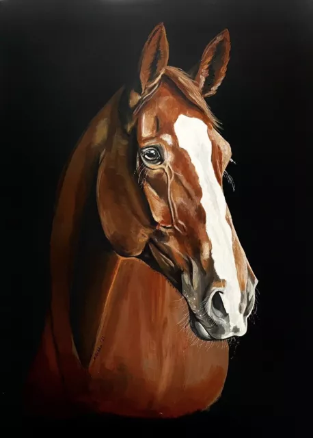 COA Arte Original pintura acrílica retrato de caballo castaño 20"x28" vintage