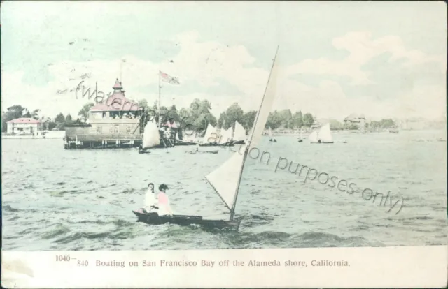Alameda, CA - boating on San Francisco Bay, California - 1908 postcard sailboat