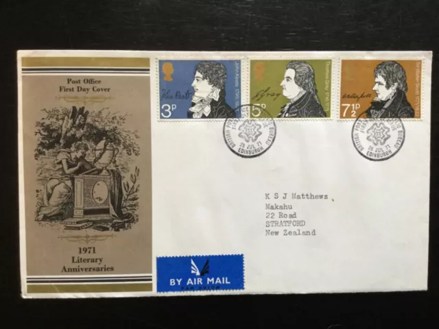 GB 1971 Literary Anniversaries FDC to NZ, PO Brand , Bureau  FDI Postmark(1750#)