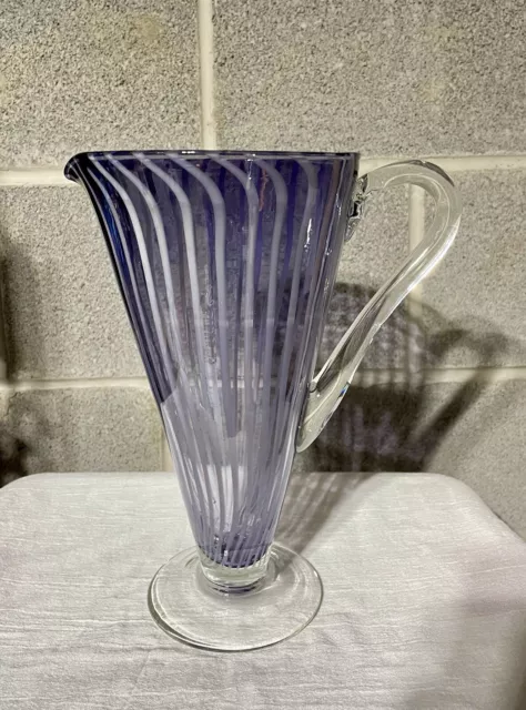 Elegant Purple Striped  Hand Blown Art Glass Pitcher Vase Murano Style