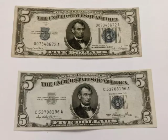 $5 Silver Certificate Lot - 1934D and 1953 $5 Silver Certificates, Nice Shape