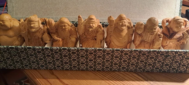 Hand Carved Wooden Chinese Sage Figures, Original Boxed Set of 7  