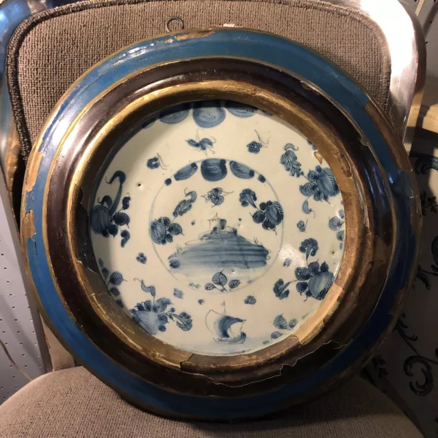 Early 18th Century Footed Delft Plate Framed in French 1700s Clock Frame
