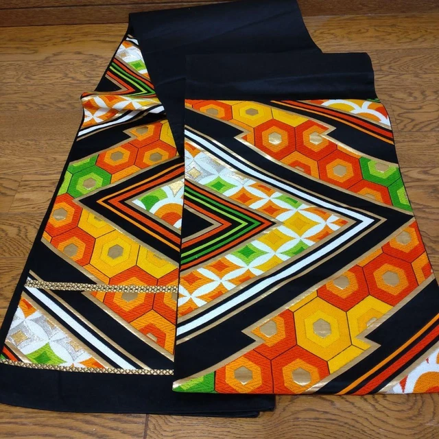 Kimono Nagoya Obi Belt  Pure Silk Black Gold Thread Furisode All Pass