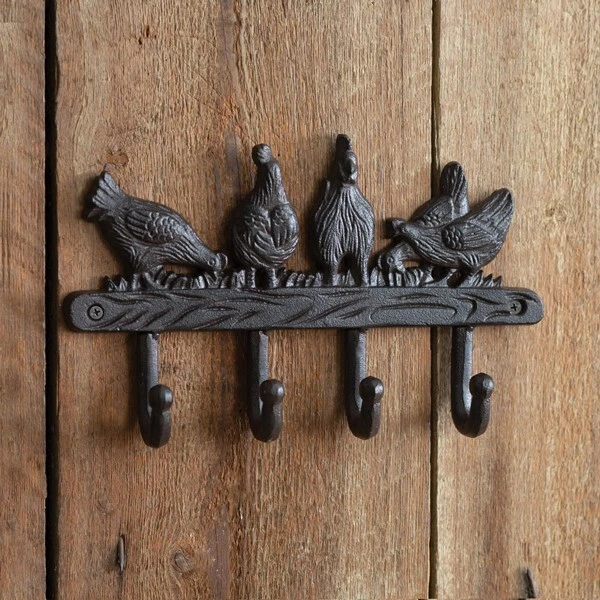 Classic Cast Iron Metal Hens And Chicks Wall Hooks 10.25 Inch Width