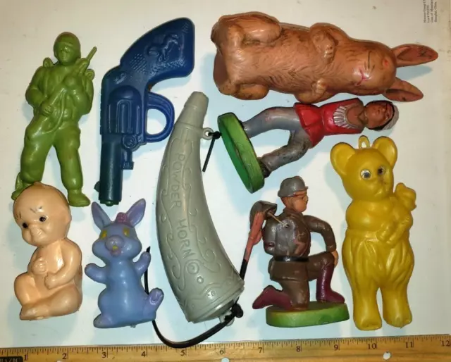 Vtg BLOW MOLD TOY LOT Dimestore POWDER HORN Baby ANIMALS Squirt Gun CELLULOID