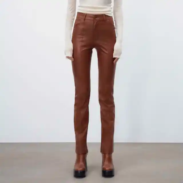 L NWT Zara Camel Stretch Faux Skinny Leg Leather Trouser Pant Stitched  Crease