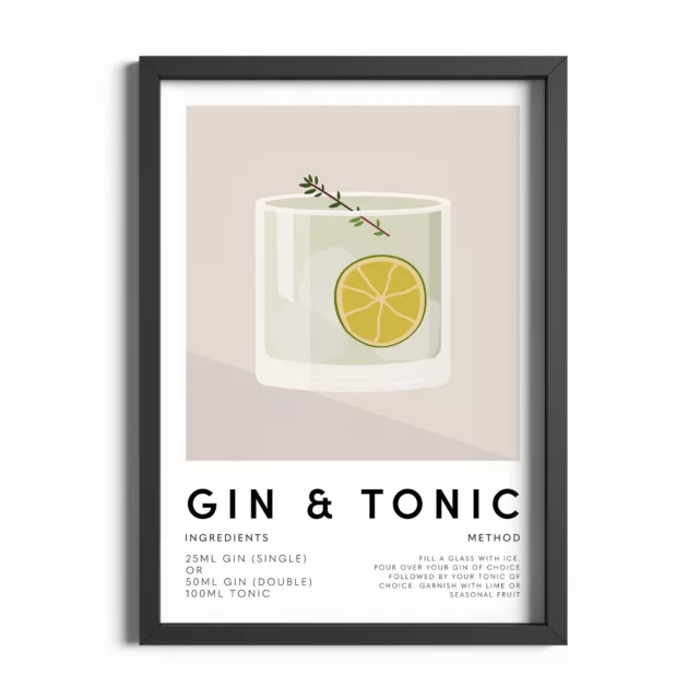 Gin And Tonic Cocktail Gift Recipe Poster Kitchen Wall Art Drink Print Bar Decor