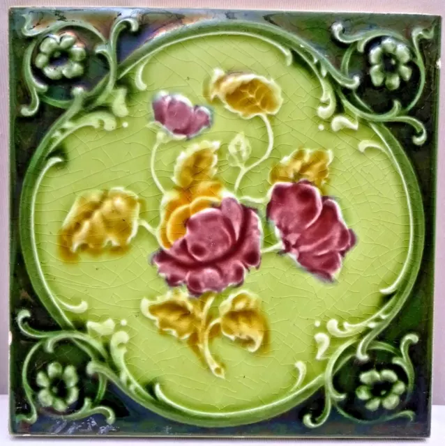Ancien Carreau Art Nouveau Majolique Rose Feuille Floral Porcelaine England #119