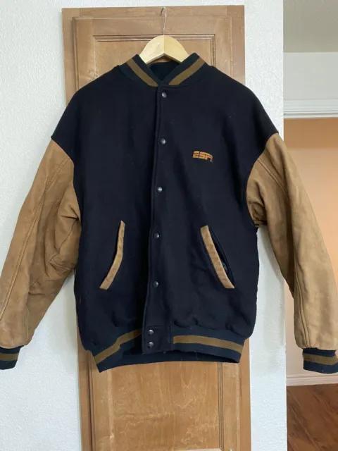 Vintage Letterman ESPN Varsity Bomber Jacket Wool Leather Black Brown Mens L
