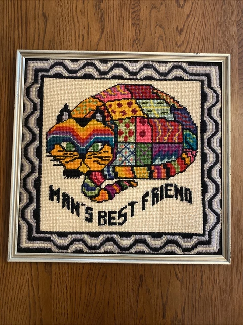 De colección Crewel Bordado Enmarcado Gato Mejor Amigo Hombre Patchwork Boho Arte Retro
