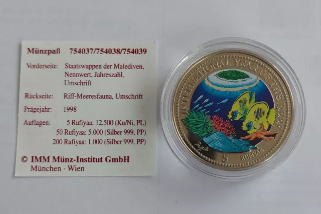 Malediven 5 Rufiyaa Farbmünzen 1998 Marine Life Protection - Riff-Meeresfauna