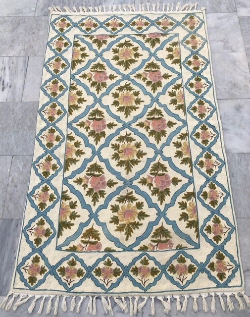 French Style Vintage Aubusson Handmade Boho Aubusson Rug Chain Stitch Rug 3x5 ft