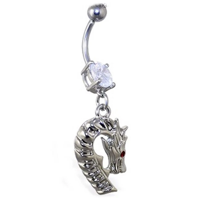 Belly Ring Dragon Monster w/Clear Gem Animal Dangle Naval Steel Body Jewelry