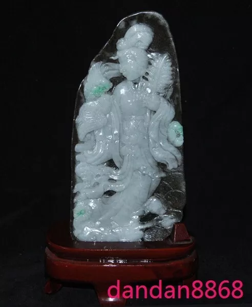 10"China 100% natural Jadeite Emerald Jade carve Kwan-Yin GuanYin Buddha statue