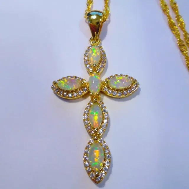 14K Yellow Gold Plated 3Ct Marquise Cut Natural Fire Opal Pendant Cross Necklace