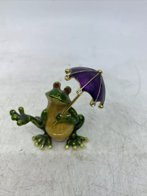 Jeweled Enameled Hinged Frog with Umbrella Trinket Box