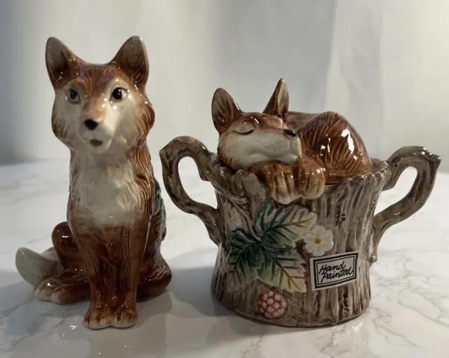 Vintage 1991 FITZ & FLOYD Reynard Fox Creamer & Sugar Bowl w/ Sleeping Fox Lid