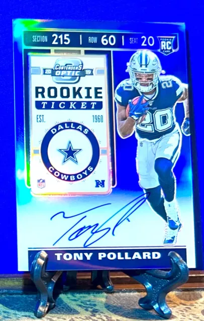 2019 Panini Contenders Optic Rookie Ticket Auto Blue Holo Tony Pollard #/75 Rc